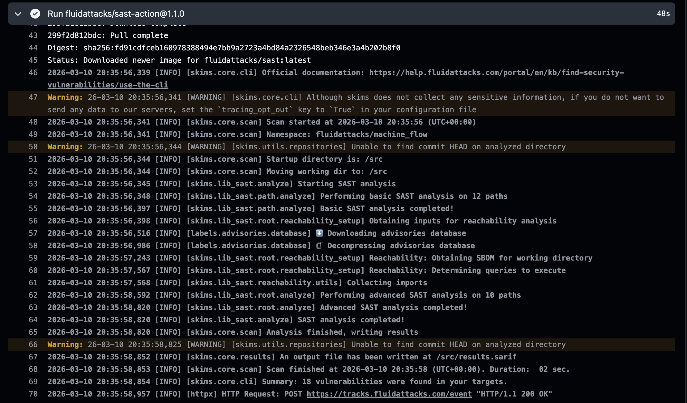 Scanner log output in the SCA GitHub Actions step