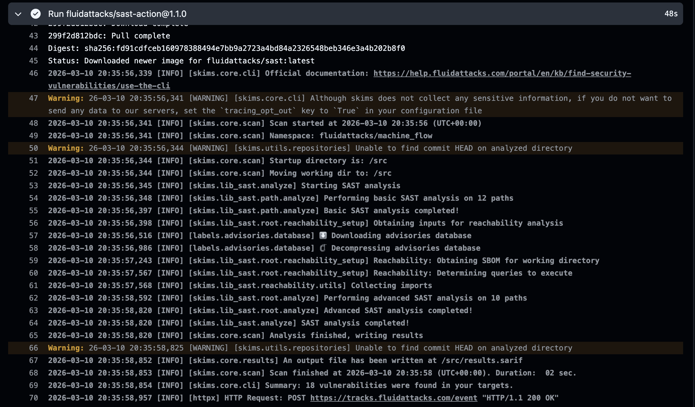 Scanner log output in the SCA GitHub Actions step