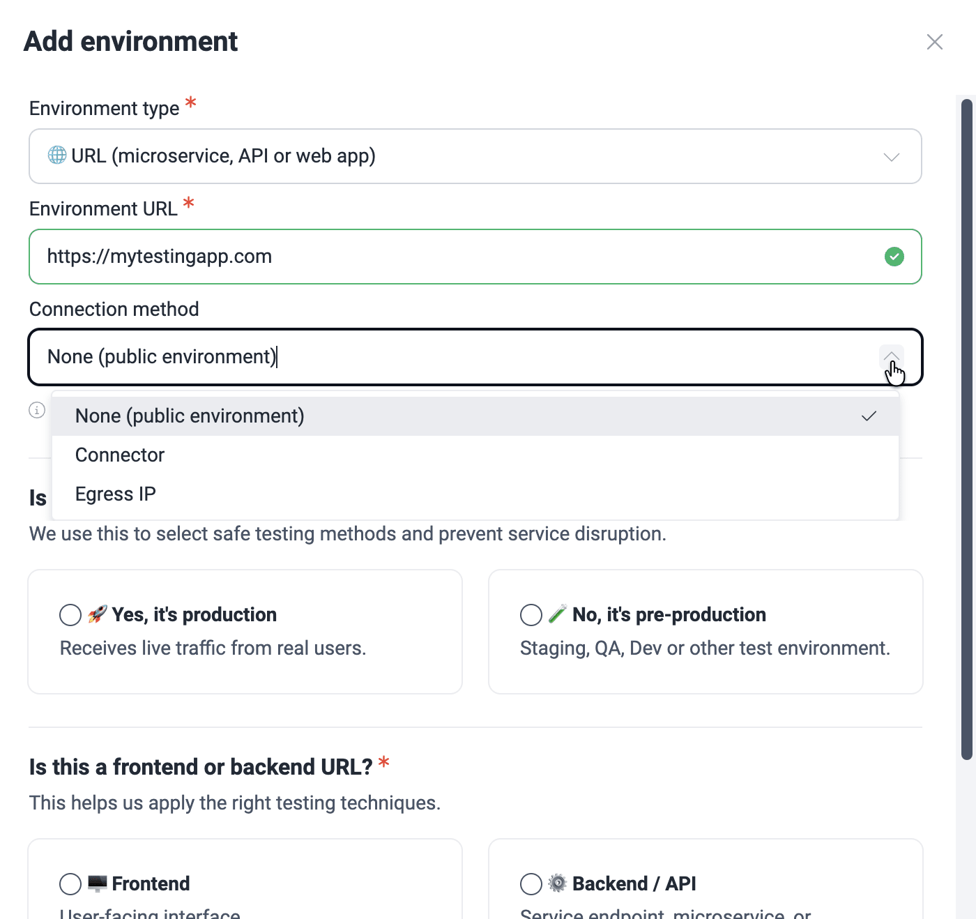 Specify connection to environment on the Fluid Attacks platform