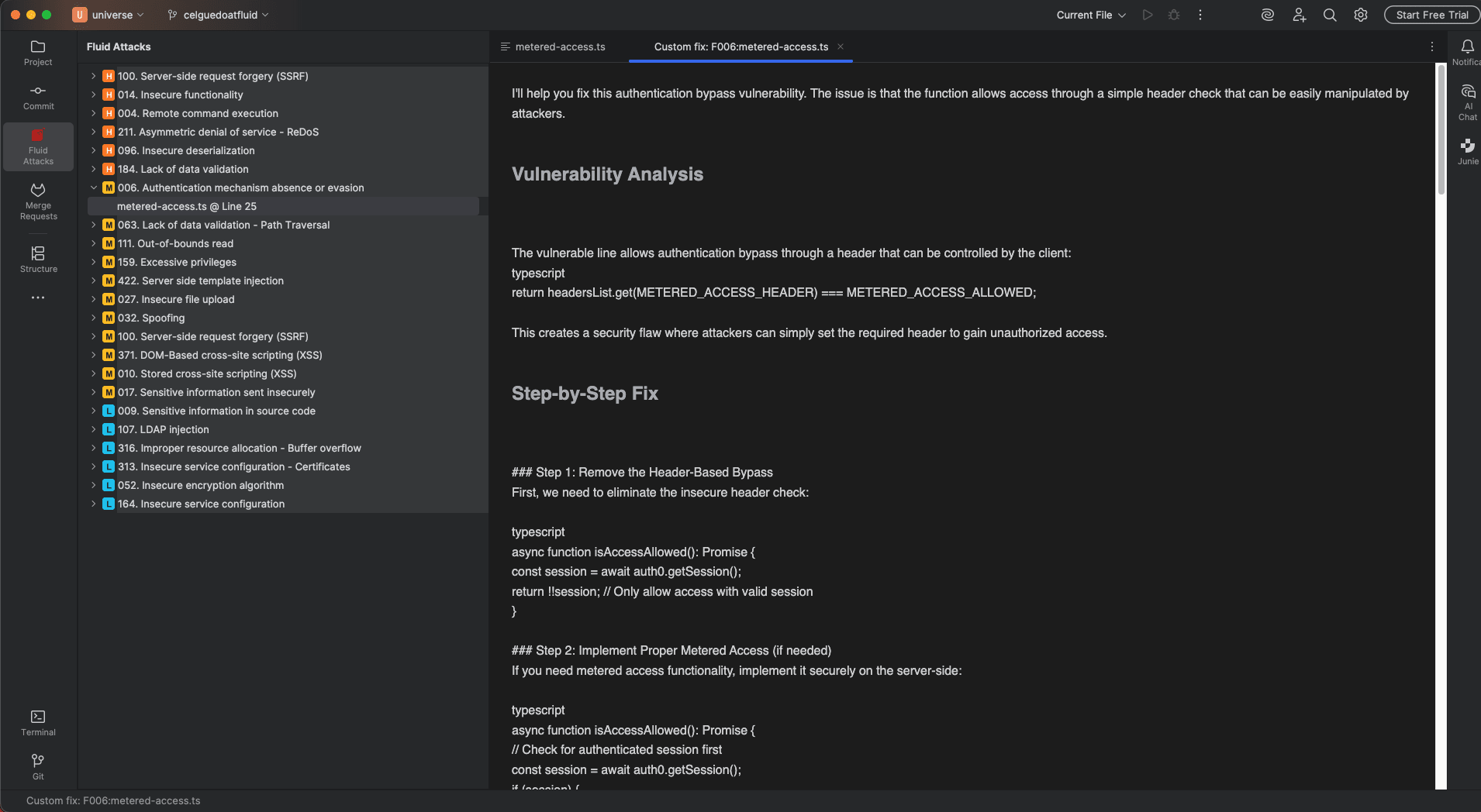 Get remediation guide on the Fluid Attacks IntelliJ plugin