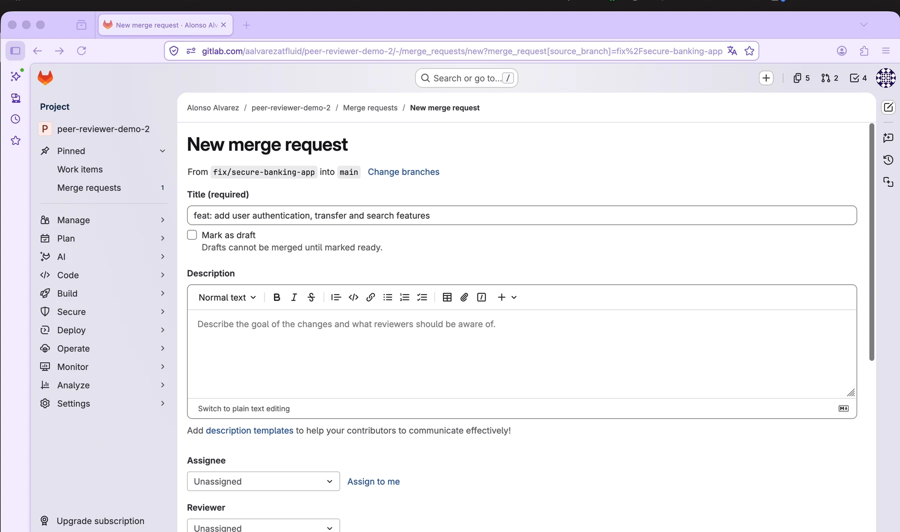 GitLab merge request form