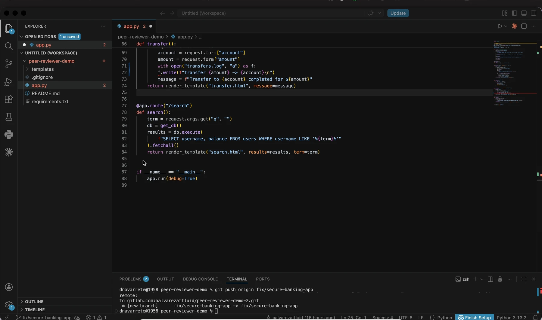 Code remediation in the source branch