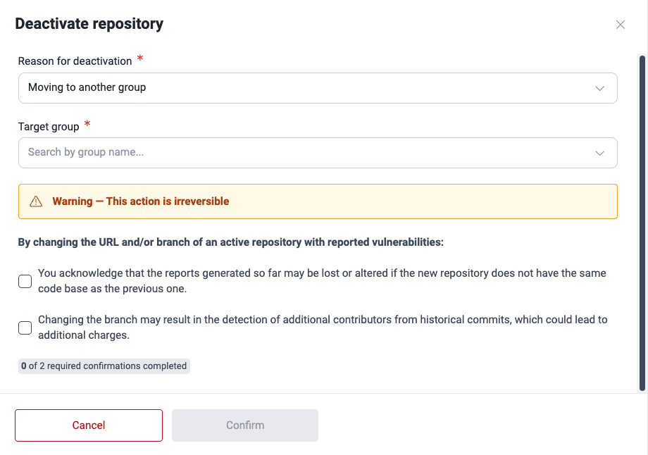 Move repository to another group on the Fluid Attacks platform