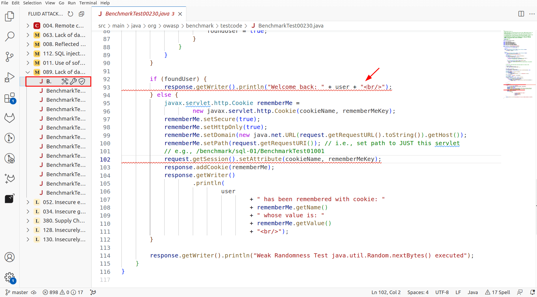 See vulnerable line of code in the Fluid Attacks VS Code extension