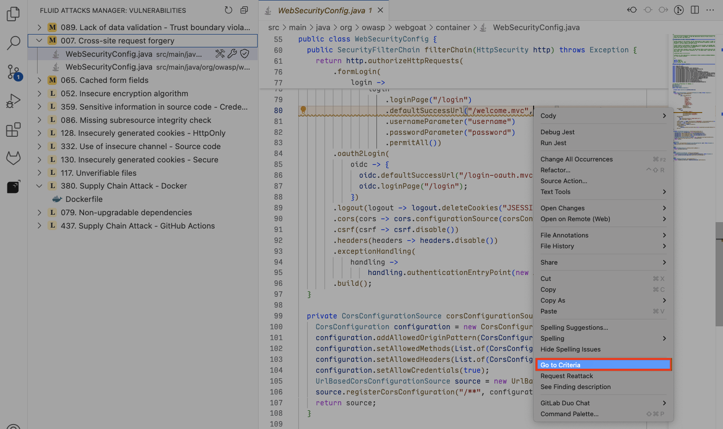 Open vulnerability documentation from the Fluid Attacks VS Code extension
