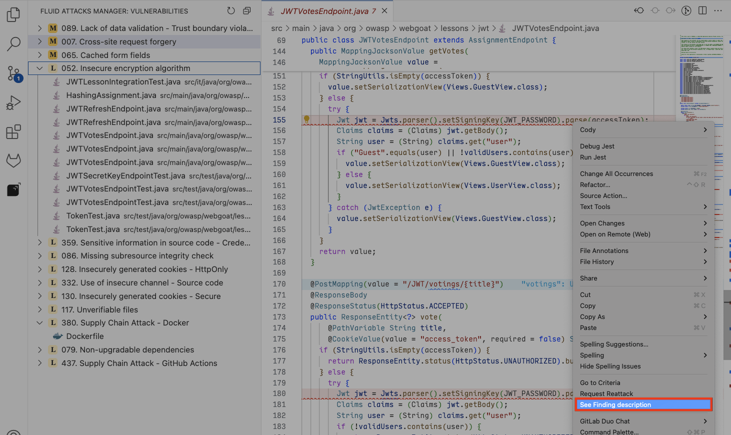 See vulnerable line description from the Fluid Attacks VS Code extension