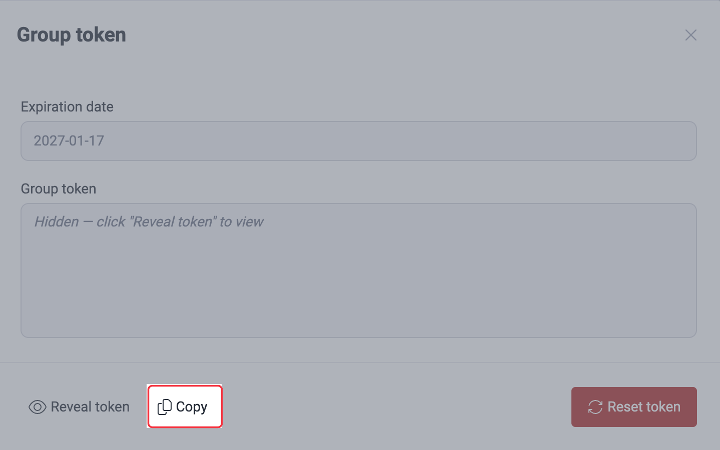 Copy Group token on the Fluid Attacks platform