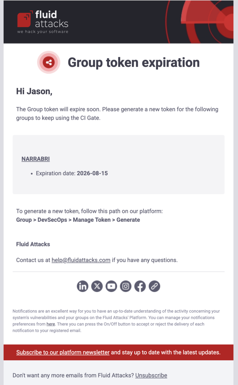 Enable token expiration notification on the Fluid Attacks platform