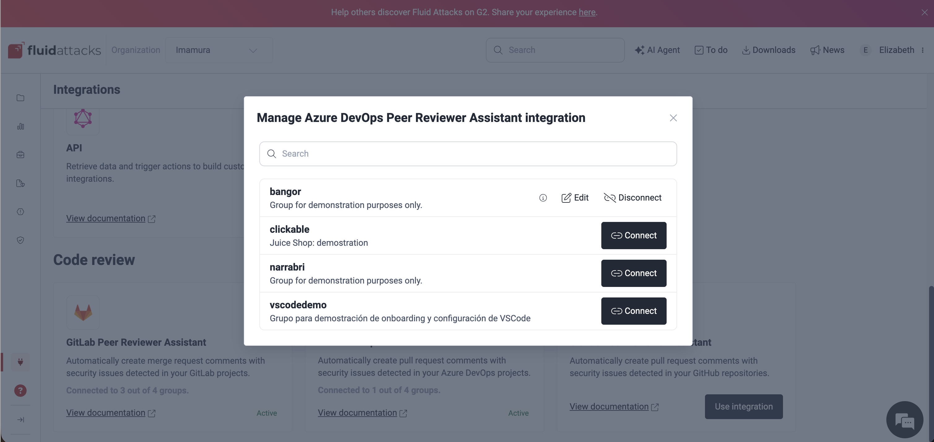 Choose a group to connect to the Azure Peer Reviewer Assistant integration