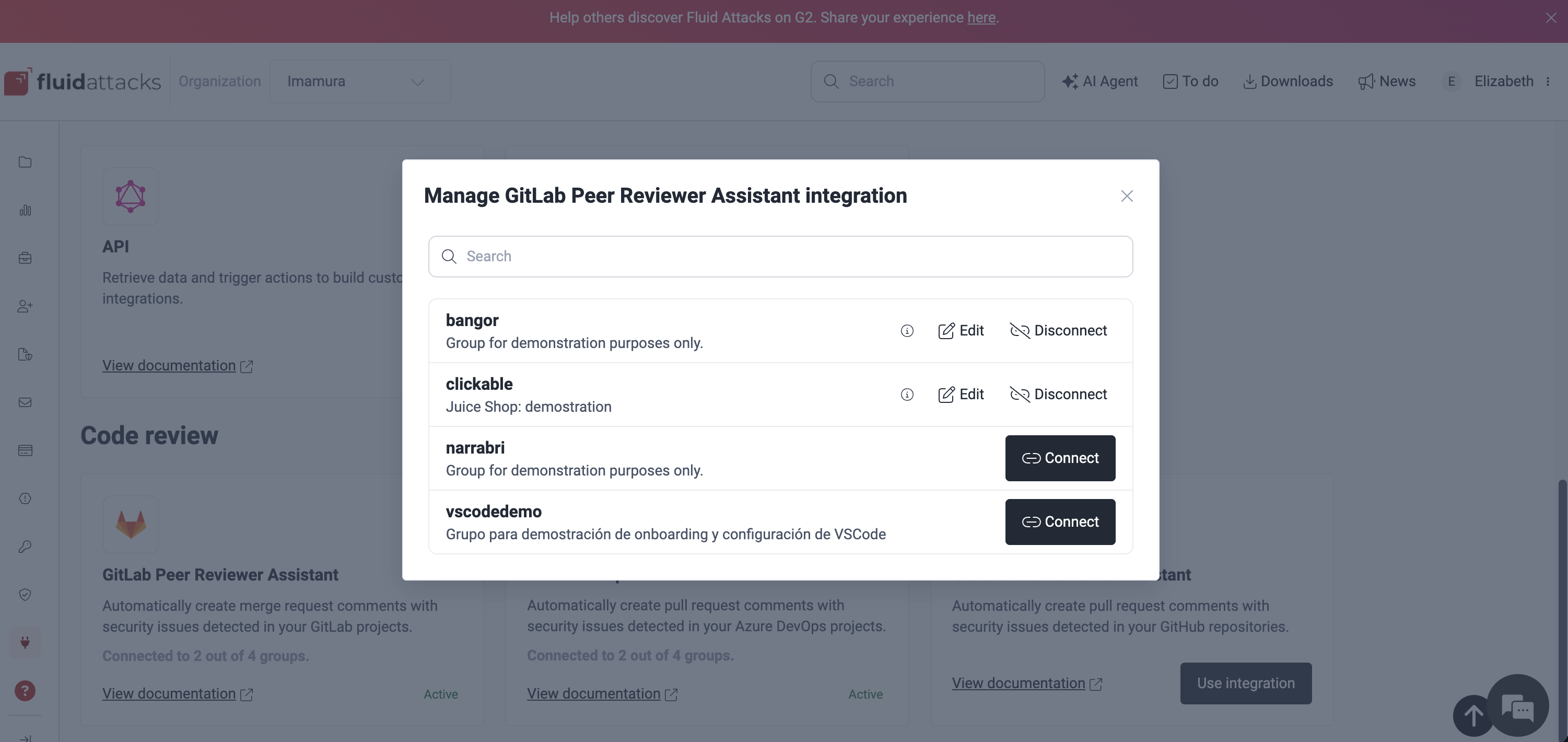 Choose a group to connect to the GitLab Peer Reviewer Assistant integration