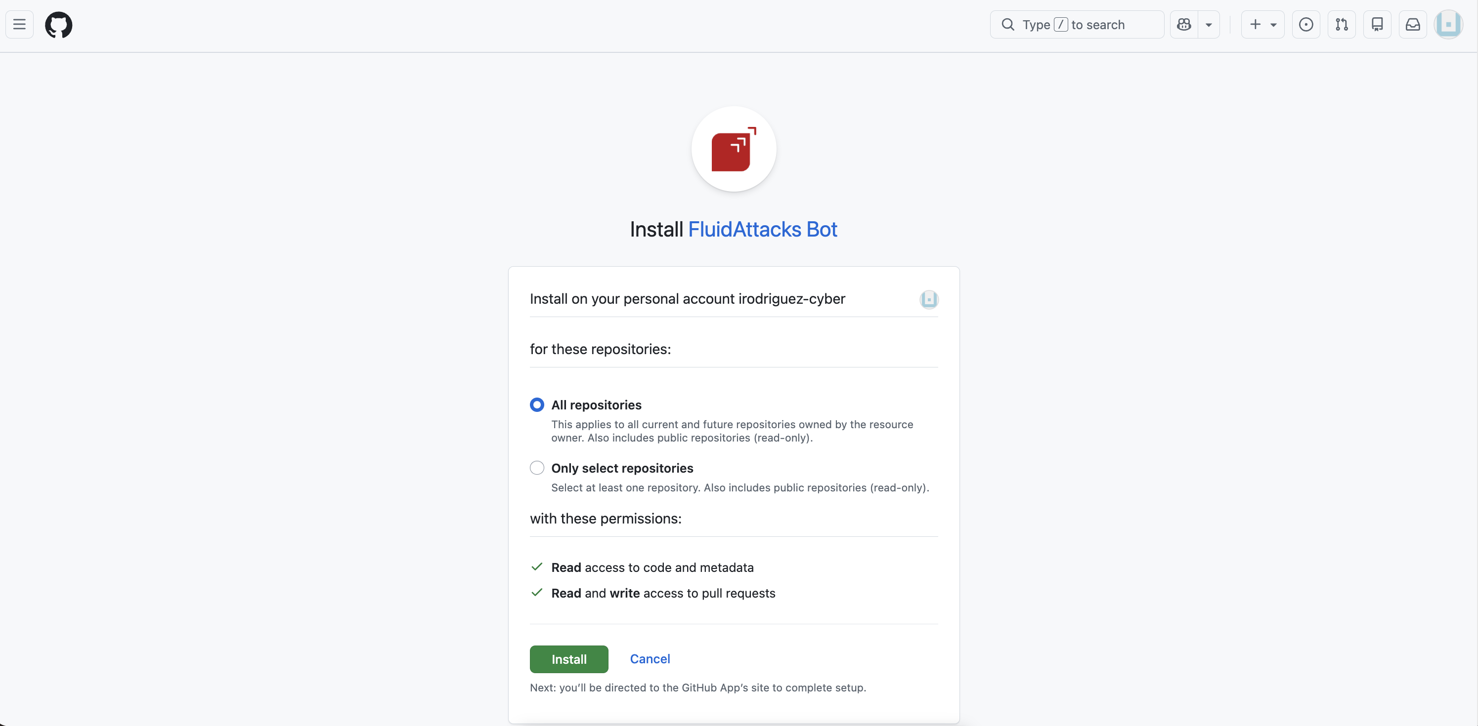 Install the Fluid Attacks GitHub App