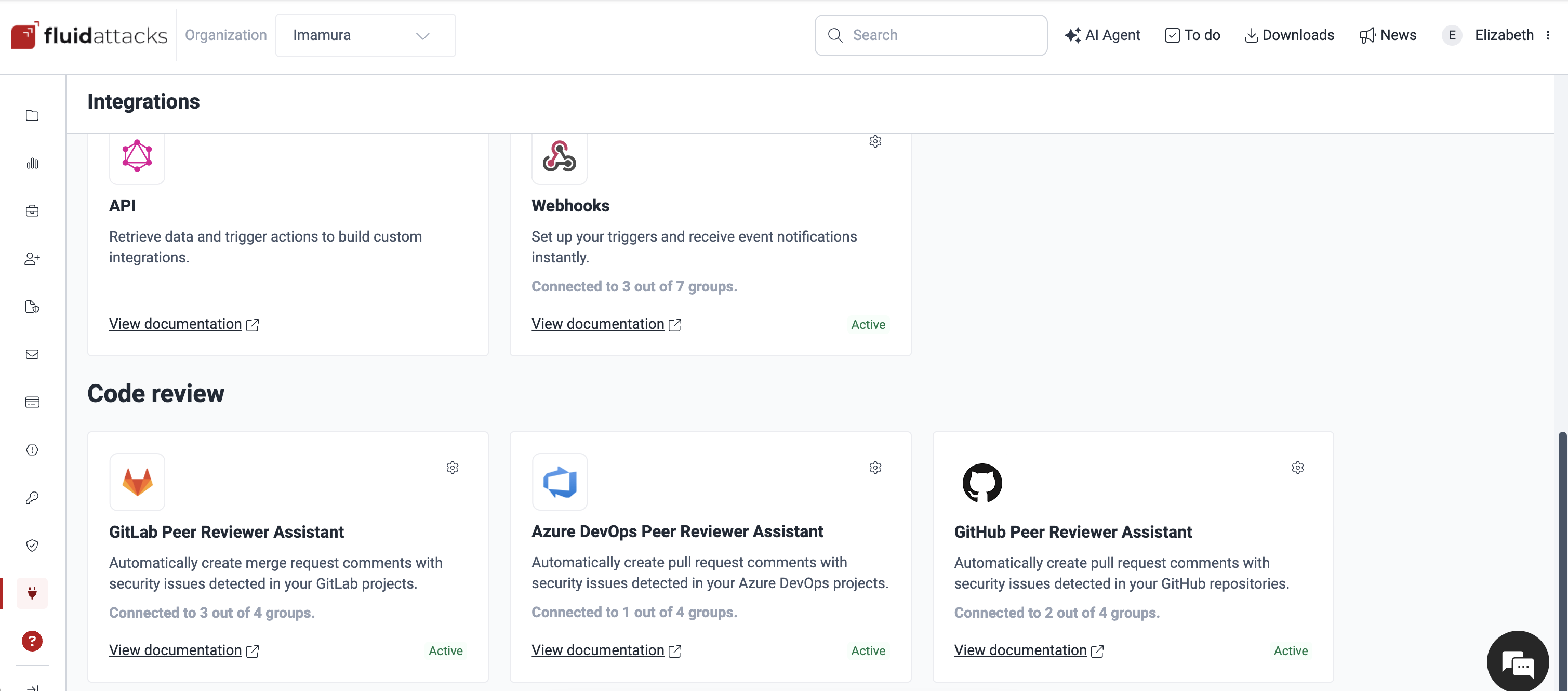 Use the GitHub Peer Reviewer Assistant integration card on the Fluid Attacks platform