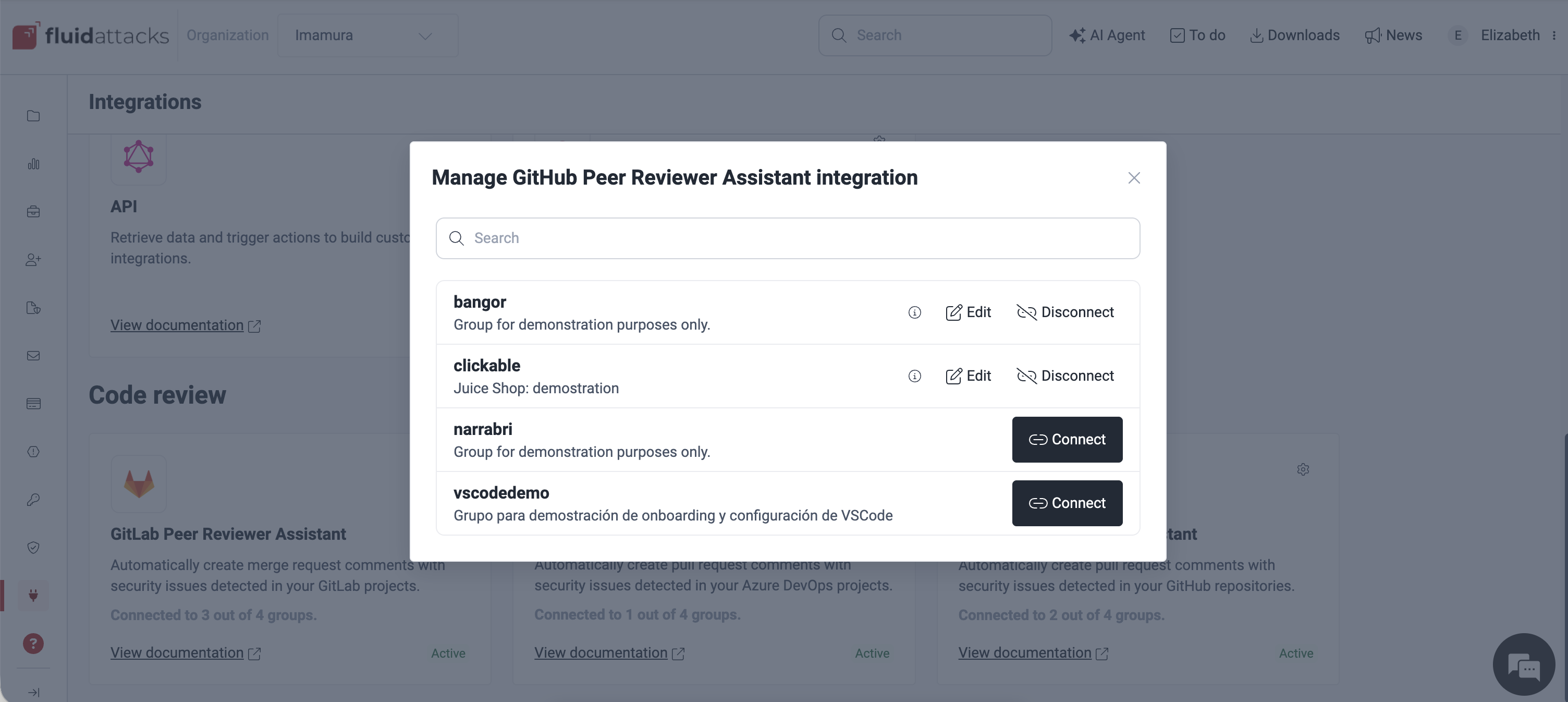 Choose a group to connect to the GitHub Peer Reviewer Assistant integration