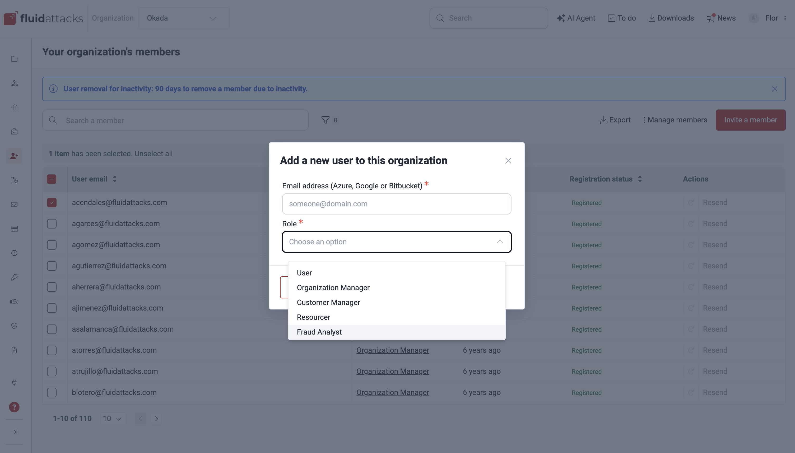 Fraud Analyst role shown in the Fluid Attacks platform
