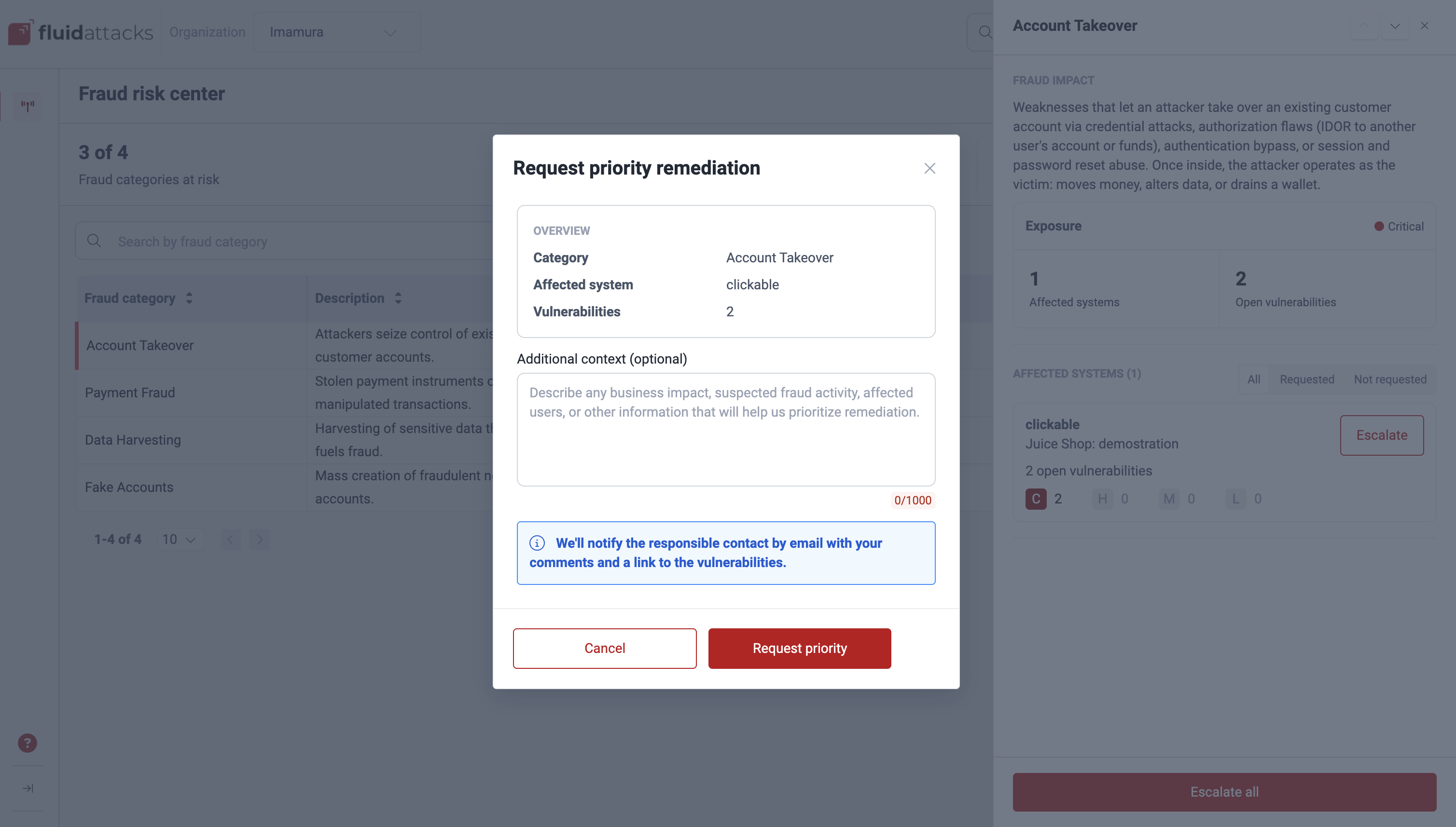 Request priority remediation dialog in the Fraud risk center