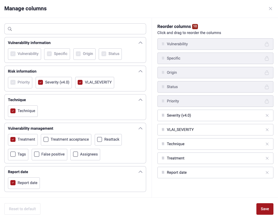 Edit Vulnerability table columns on the Fluid Attacks platform