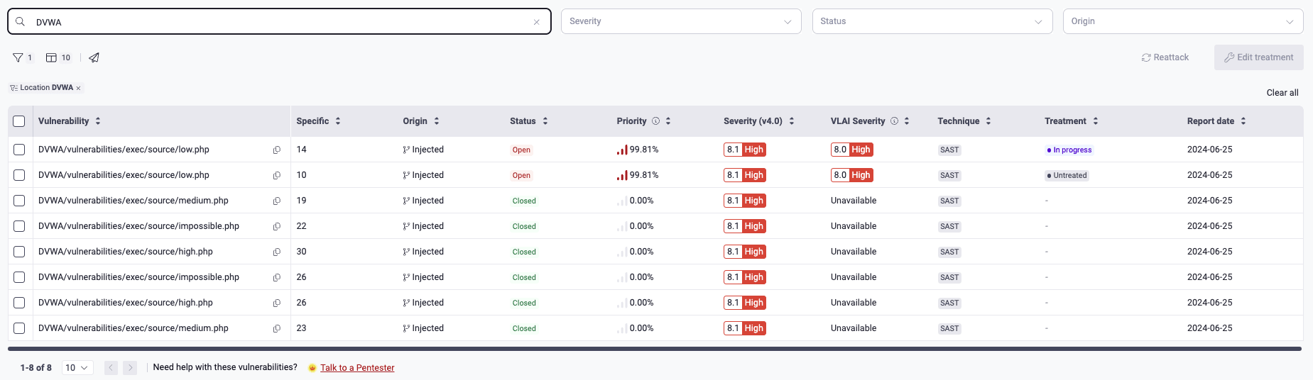 Search vulnerability location on the Fluid Attacks platform