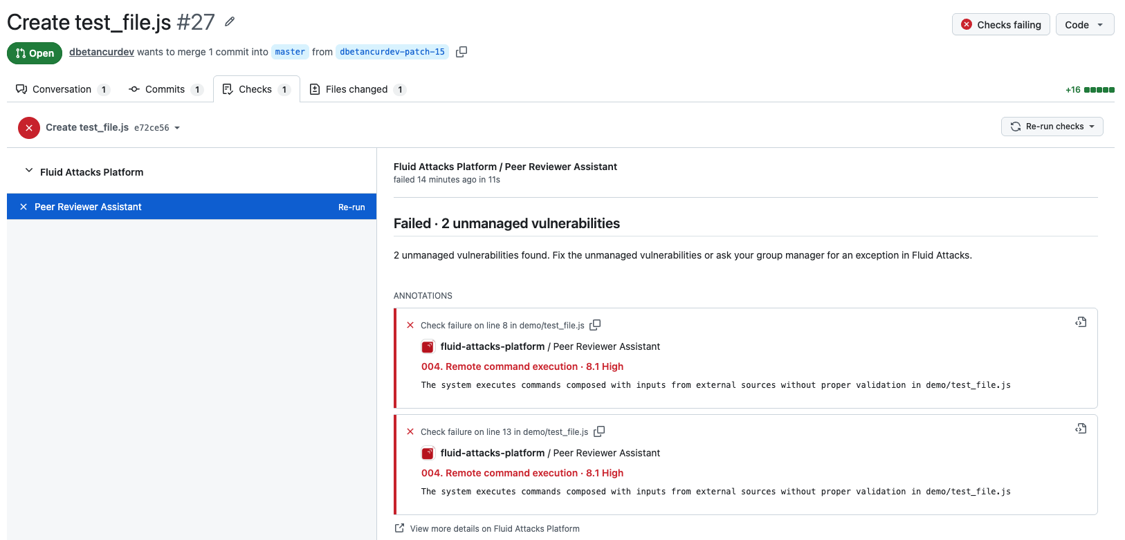Checks tab of a pull request with the annotations of the assistant in the diff
