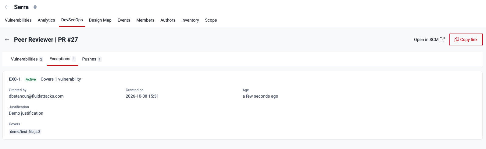 Exceptions tab of a pull request review with one exception granted