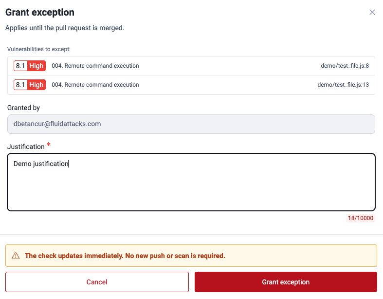 Grant exception window with the list of vulnerabilities and the justification field