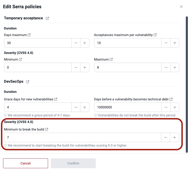 Minimum to break the build field in the DevSecOps policies of the group