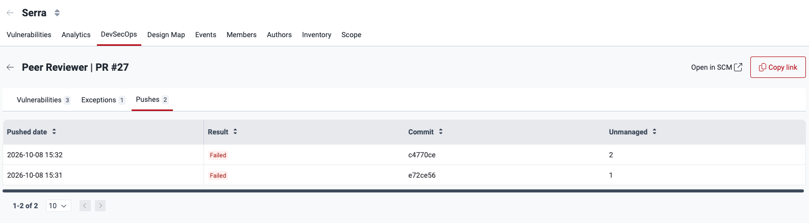Pushes tab of a pull request review with the history of each commit