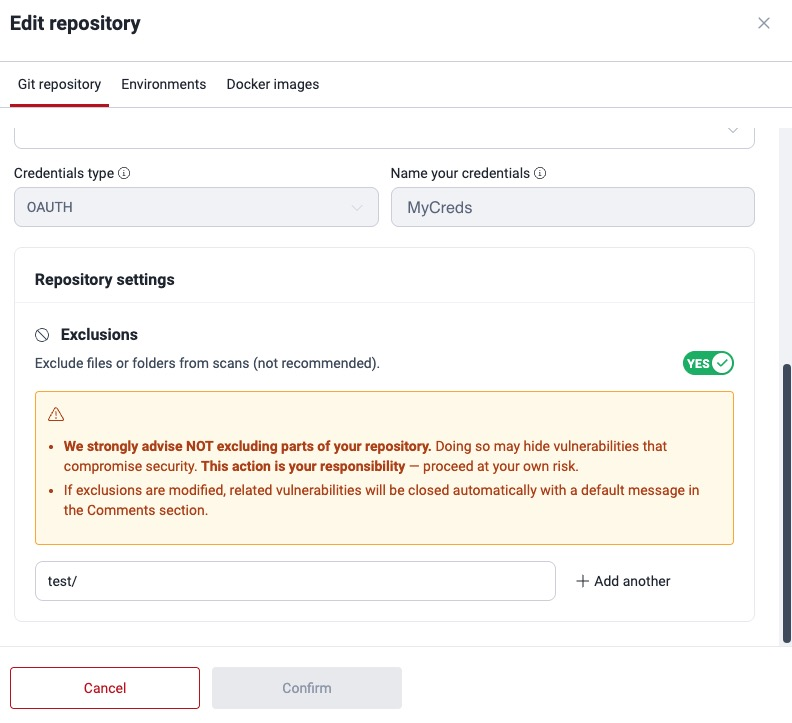 Exclusions field of a Git root in the Scope section of the group
