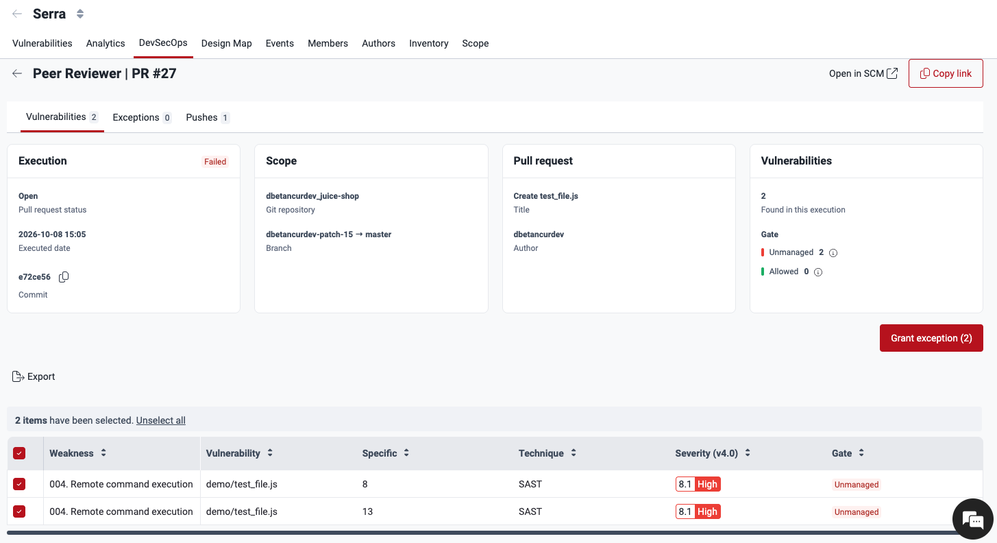 Vulnerabilities tab with two unmanaged vulnerabilities selected