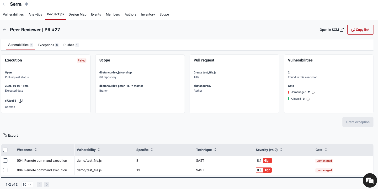 Vulnerabilities tab of a pull request review with the Gate column