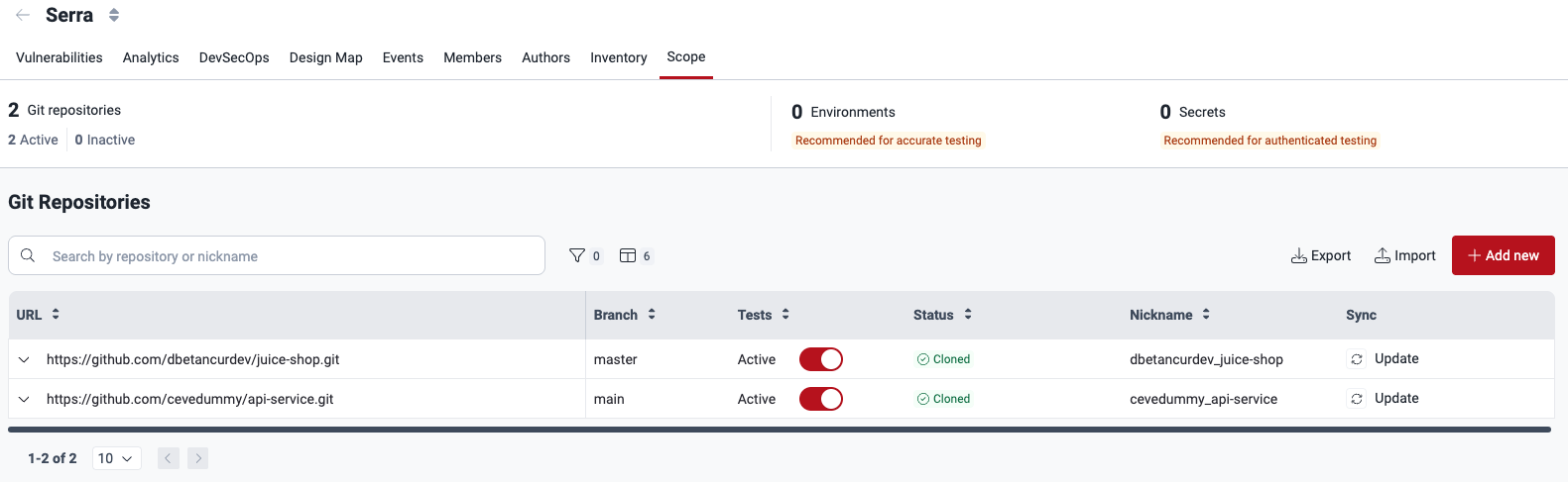 Scope section of a group with two active Git roots