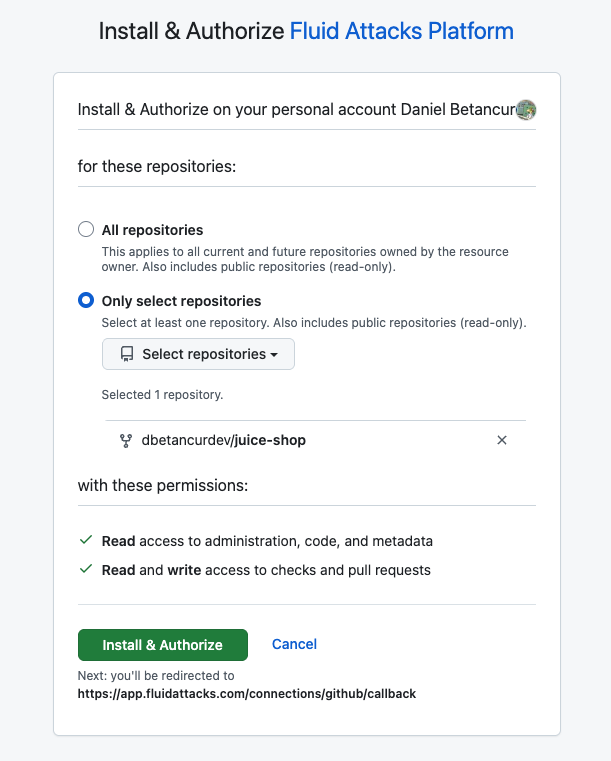 GitHub installation screen with the repositories and the permissions