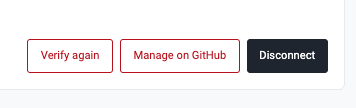 Verify again, Manage on GitHub and Disconnect buttons