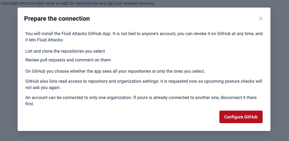 Prepare the connection window with the Configure GitHub button