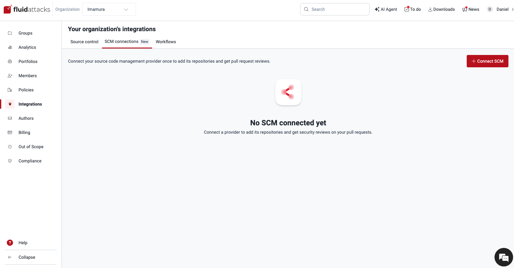 Empty SCM connections tab with the Connect SCM button
