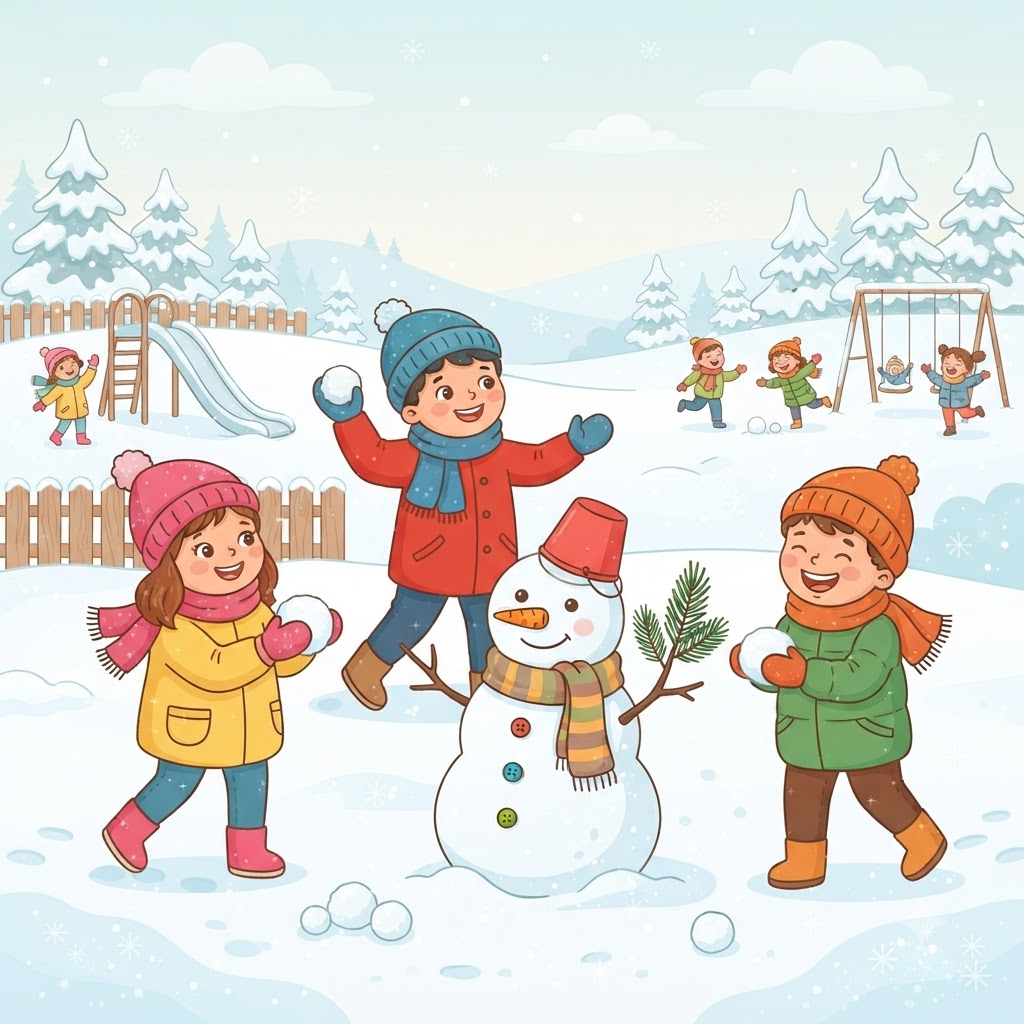Sous la neige : bonhomme et boules magiques
