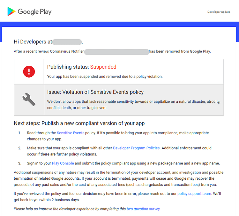 Google's email saying my app was suspended by Google Play