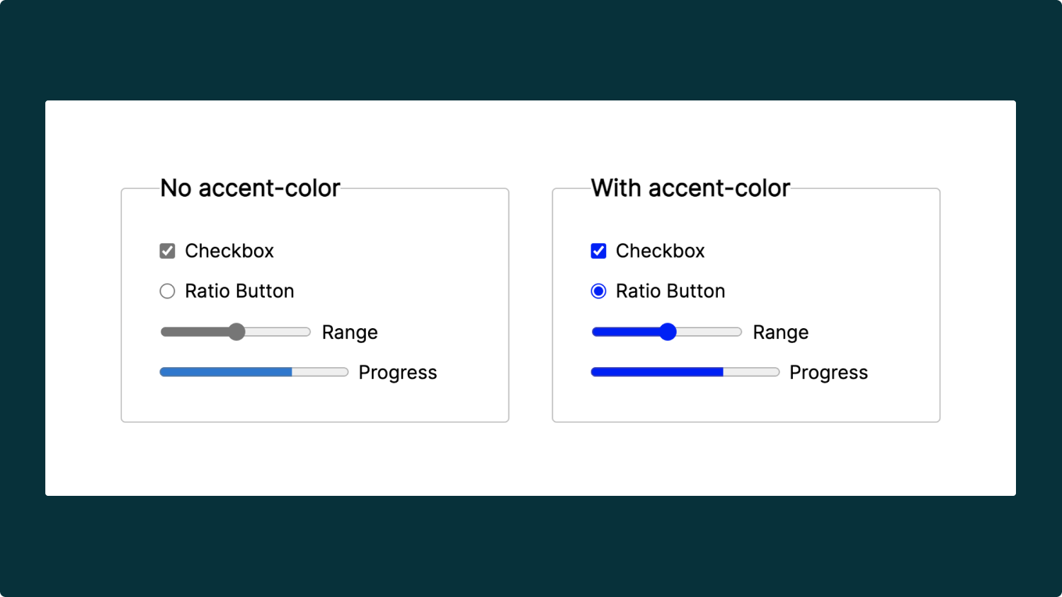 Showing the difference of forms input with and and without accent colors. Checkbox, radio button, range and progress bar, first set is gray (browser default) and the other is blue, custom accent color set with css