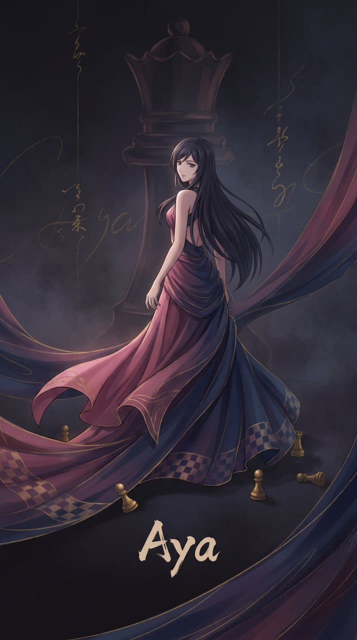 Aya before a towering chess queen, pawns scattered at her feet