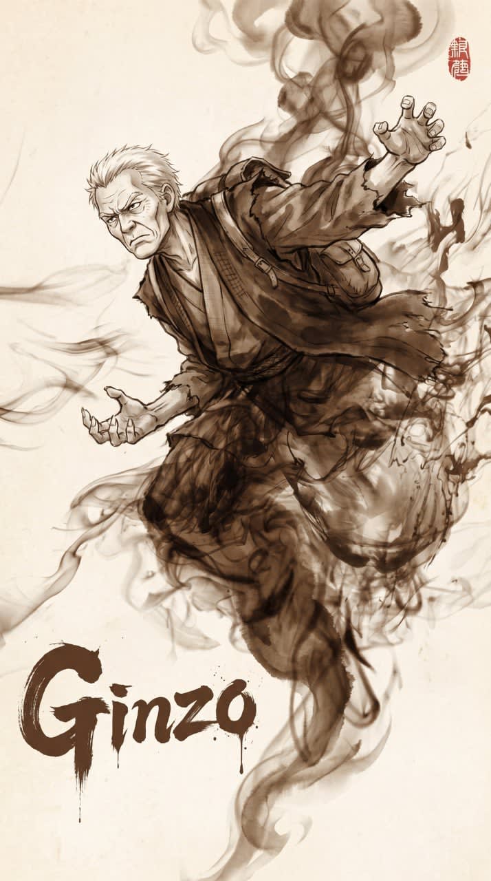 Ginzo in ink wash, robes dissolving into smoke