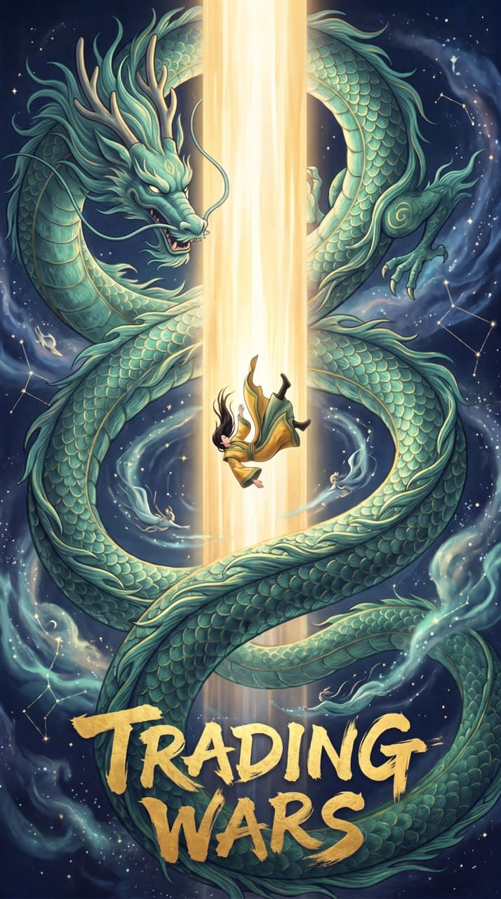 Le Wei falling through a pillar of light, coiled by a jade dragon