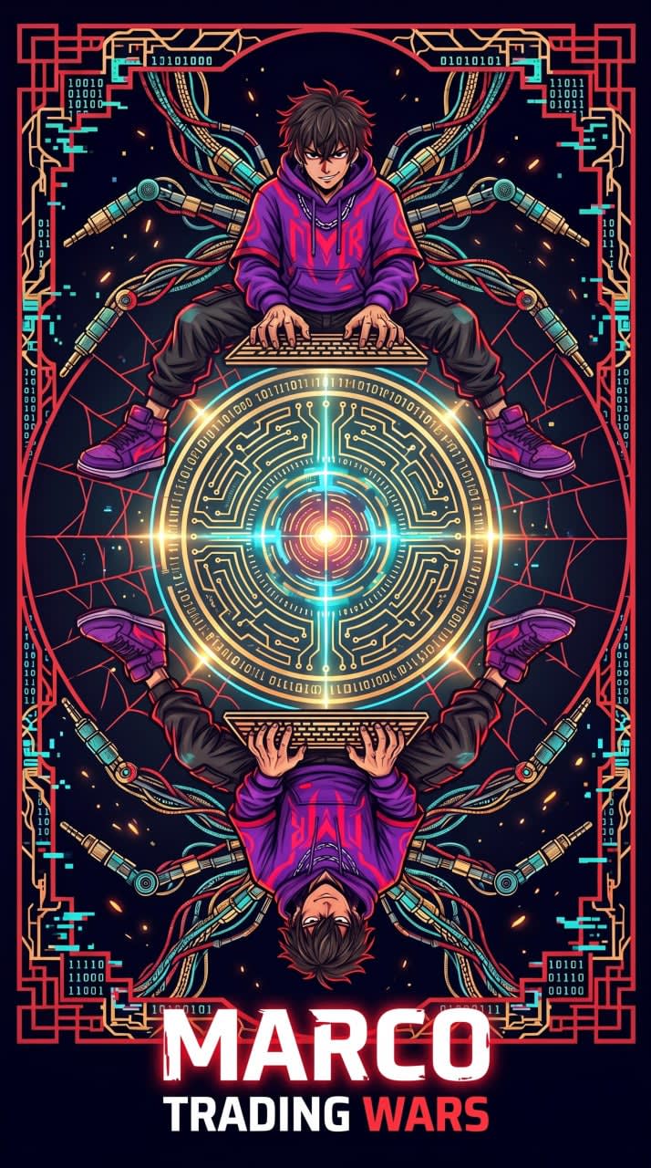 Marco mirrored above and below a circuit mandala, cabled to the machine