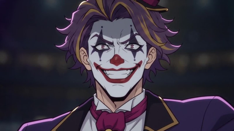 The Host in close-up, painted clown face grinning under a top hat