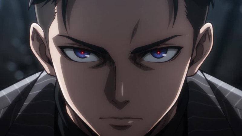 Ren looking straight ahead, lit hard blue, his eyes catching red