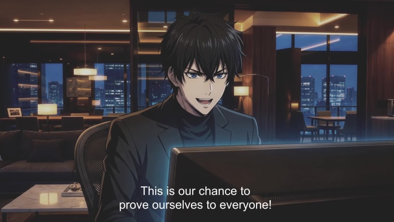 Ren at a desk in a night-lit office, mid-scene with subtitles