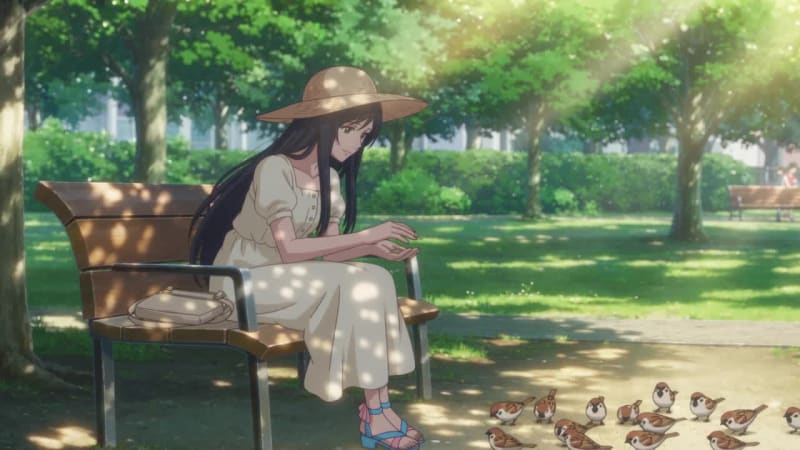 Aya on a park bench in dappled sunlight, feeding a line of sparrows