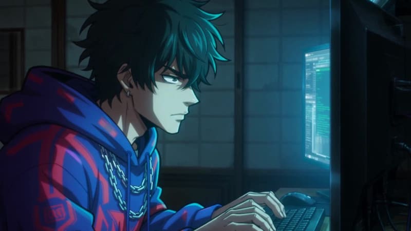 Marco in profile at a keyboard, lit by the screens in a dark tatami room
