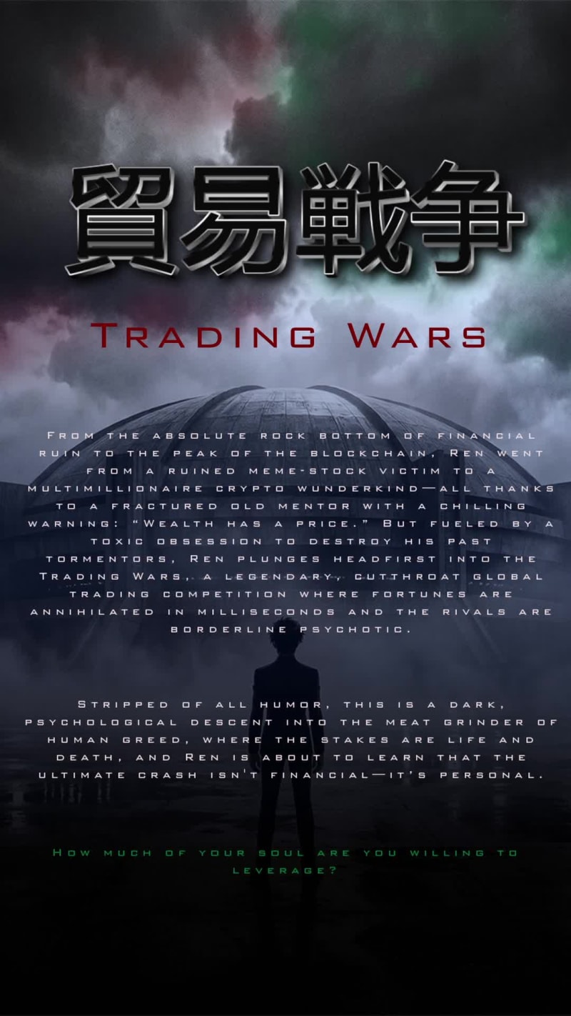 The Trading Wars synopsis card, title over a storm-lit arena
