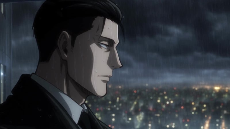 Valentino in profile at a rain-streaked window above a lit city