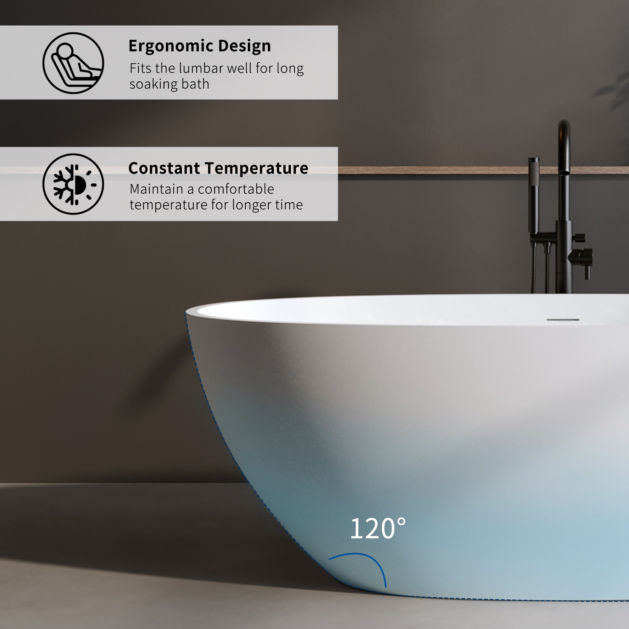 59'' Solid Surface Matte Tub, Solid Surface Soaking Tub, Stone Resin Freestanding Bathtub, Thick Edge Stand Alone Tubs With Overflow, Pop-up Drain, Matte White  Oval