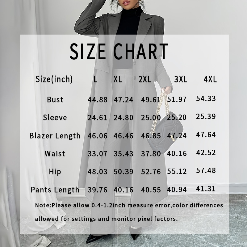 Women's 2 Piece Suit Set, Long Blazer Jacket And Straight Leg Pants, Business Formal Office Outfits For Work, NO Lining